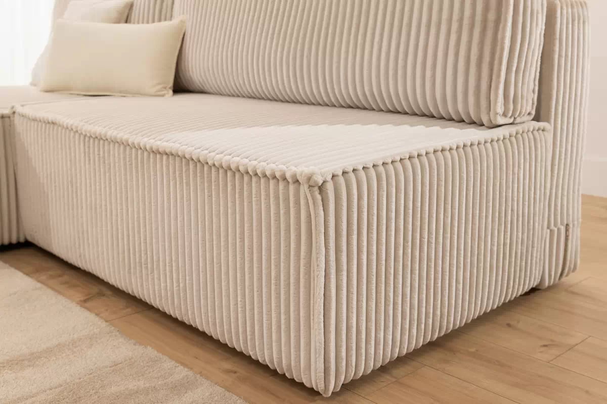 Rohová pohovka Solvero Mini levá s funkcí spánku - světlý béžový plyš Tilia 01 Rohová sedací souprava Solvero Mini rozkládací levá - Krémový manšestr Tilia 01