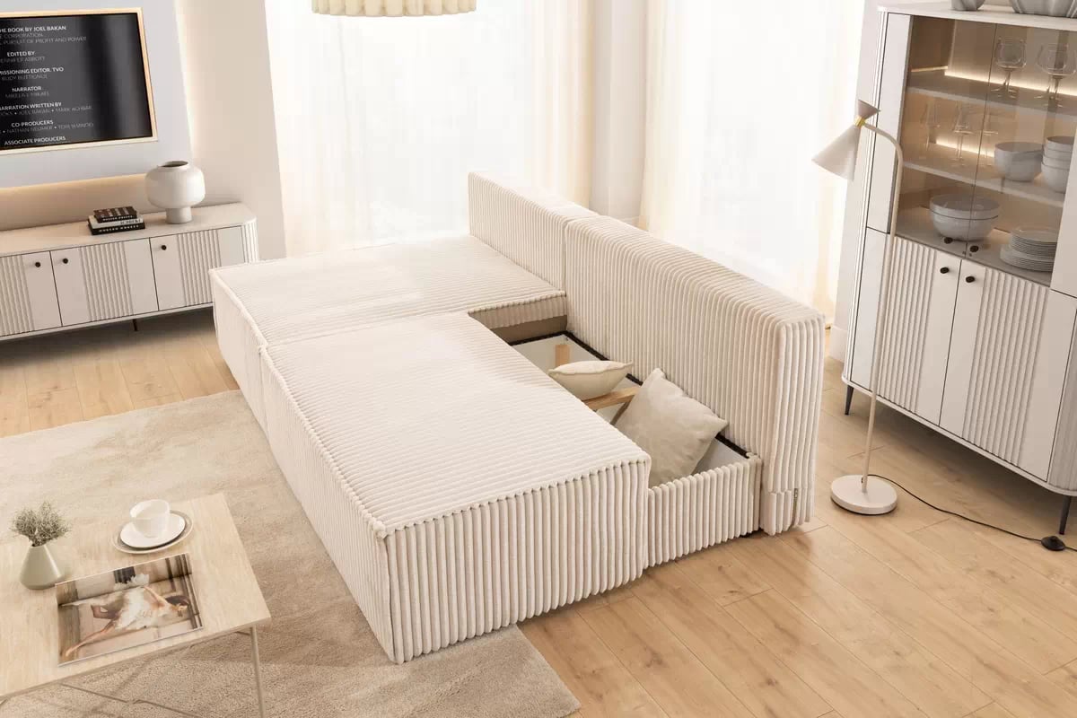 Rohová pohovka Solvero Mini levá s funkcí spánku - světlý béžový plyš Tilia 01 Rohová sedací souprava Solvero Mini rozkládací levá - Krémový manšestr Tilia 01