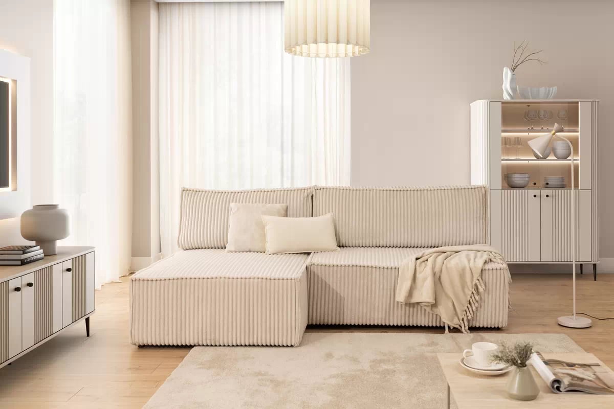 Rohová pohovka Solvero Mini levá s funkcí spánku - světlý béžový plyš Tilia 01 Rohová sedací souprava Solvero Mini rozkládací levá - Krémový manšestr Tilia 01