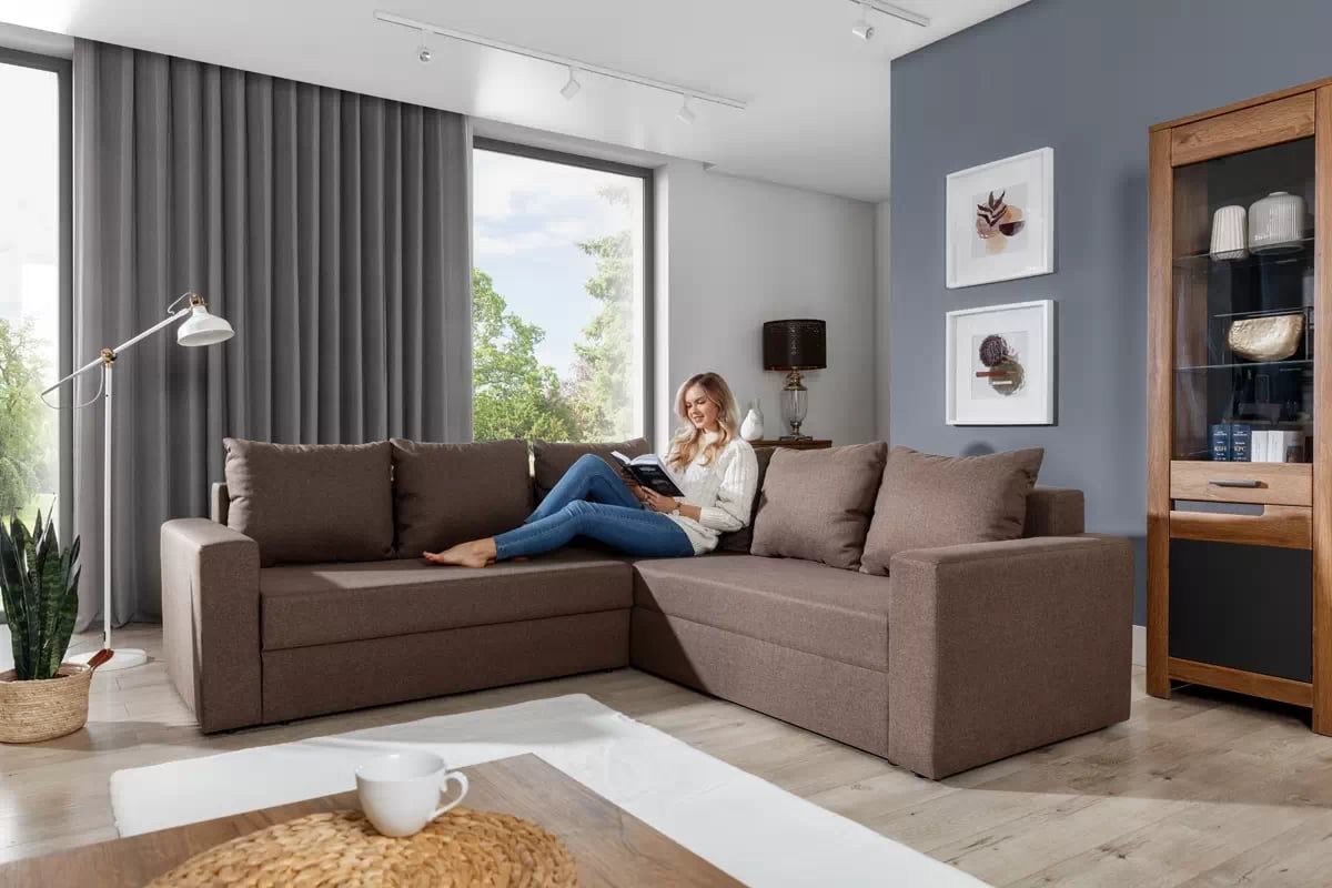 Rohová sedacia súprava Turias L II s funkciou spania pravá - hnedá tkanina Sawana 02 Rohová sedacia súprava s funkciou spánku Turias L II pravá strana - Hnedá plecionka Sawana 02