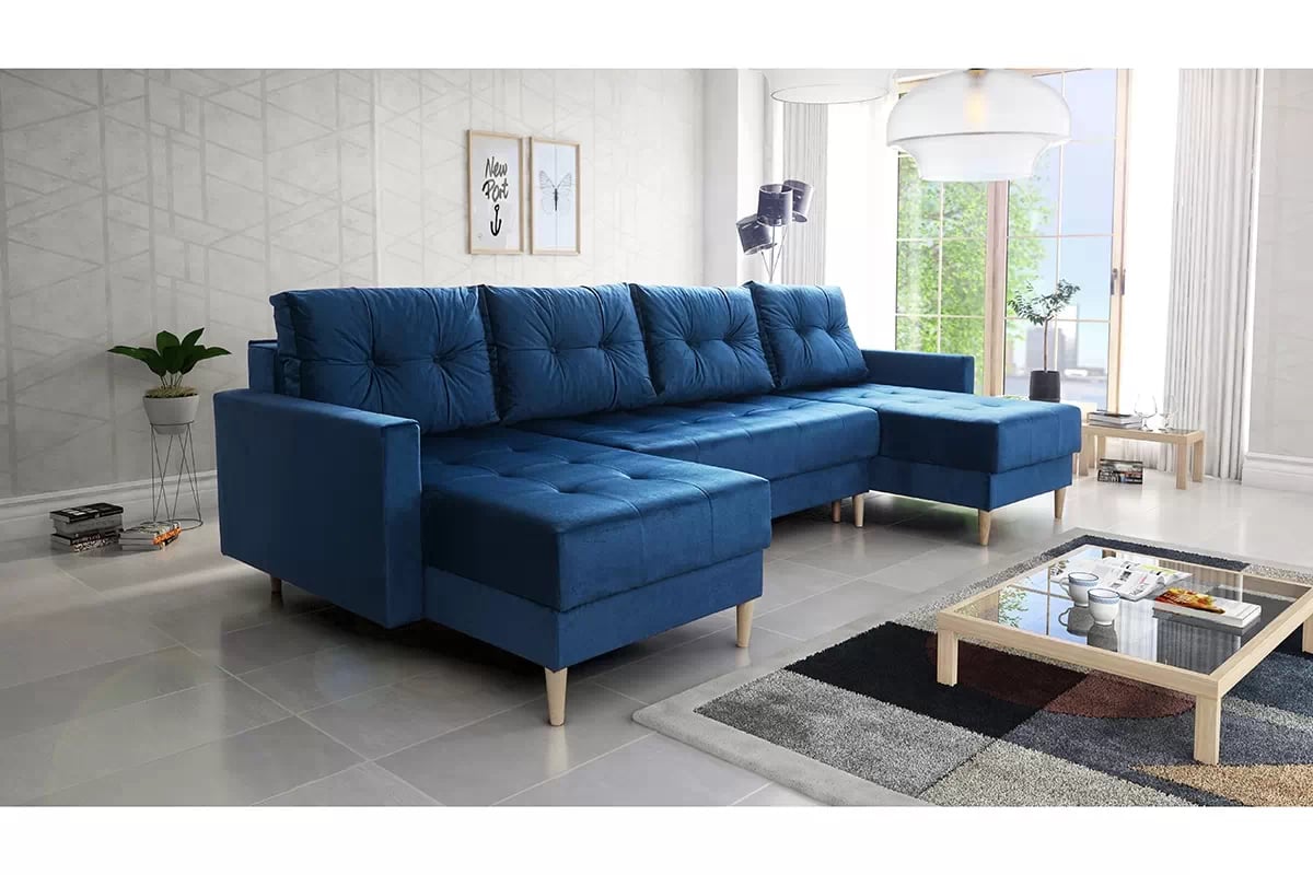 Rohová sedacia súprava Romano U rozkladacia univerzálna - modrý zamat Monolith 77 / svetlý rustikál Rohová sedacia súprava Romano U rozkladany uniwersalny prawo/Ľavá strana - Modrý velúr Monolith 77