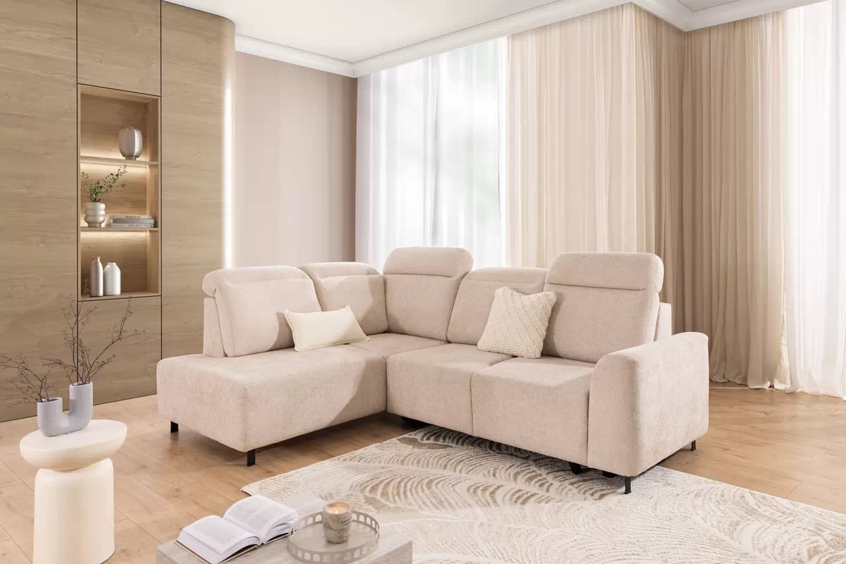 Rohová rozkládací pohovka Magnis L levá s funkcí spánku - béžová tkanina Magni 206.03 - Konec série Rohová sedací souprava Magnis L rozkládací levá - béžová plecionka Magni 206-03