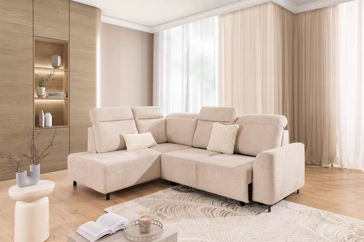 Rohová rozkládací pohovka Magnis L levá s funkcí spánku - béžová tkanina Magni 206.03 - Konec série Rohová sedací souprava Magnis L rozkládací levá - béžová plecionka Magni 206-03