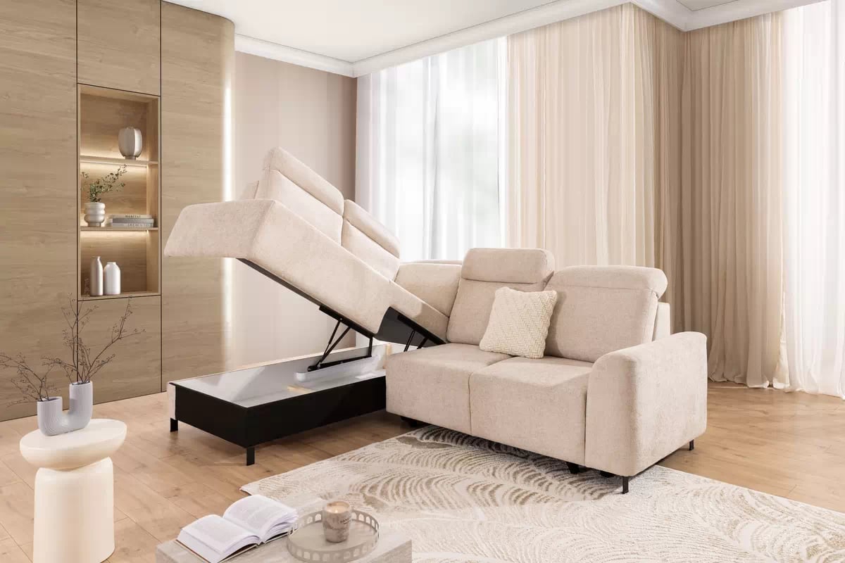 Rohová rozkládací pohovka Magnis L levá s funkcí spánku - béžová tkanina Magni 206.03 - Konec série Rohová sedací souprava Magnis L rozkládací levá - béžová plecionka Magni 206-03