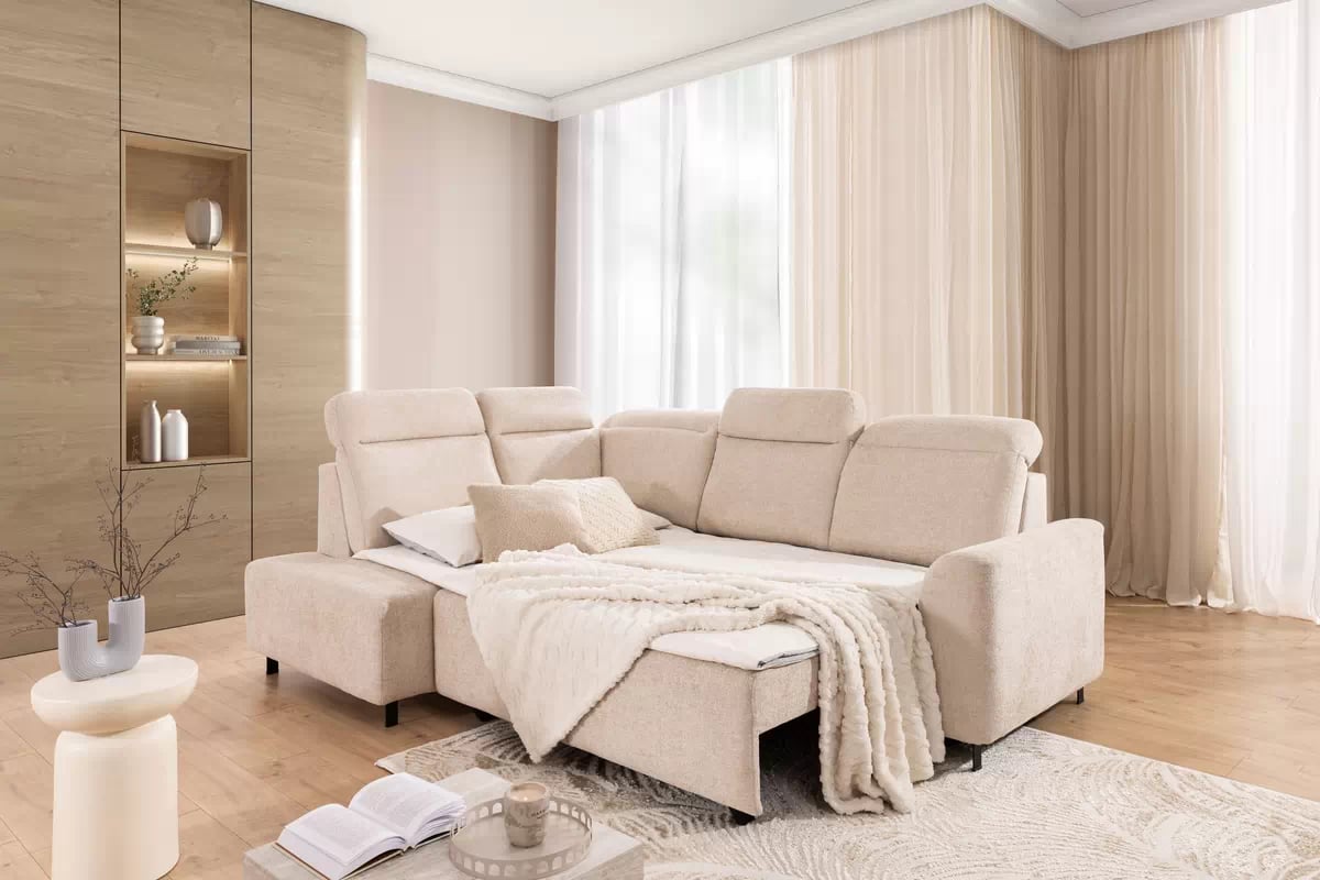 Rohová rozkládací pohovka Magnis L levá s funkcí spánku - béžová tkanina Magni 206.03 - Konec série Rohová sedací souprava Magnis L rozkládací levá - béžová plecionka Magni 206-03