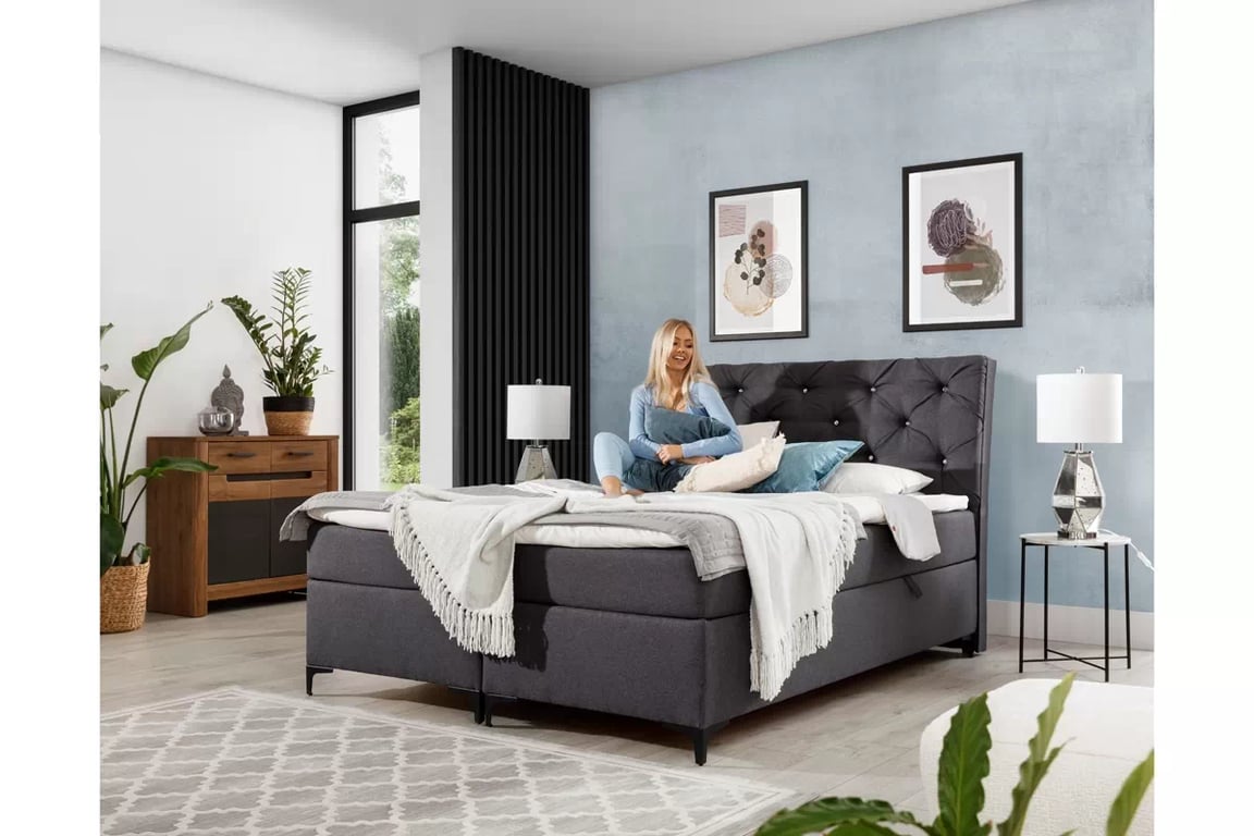Postel boxspring Berylio 160x200 s úložním prostorem - šedá plecionka Malmo New 95 Postel boxspring Berylio 160x200 s úložním prostorem - šedá plecionka Malmo New 95