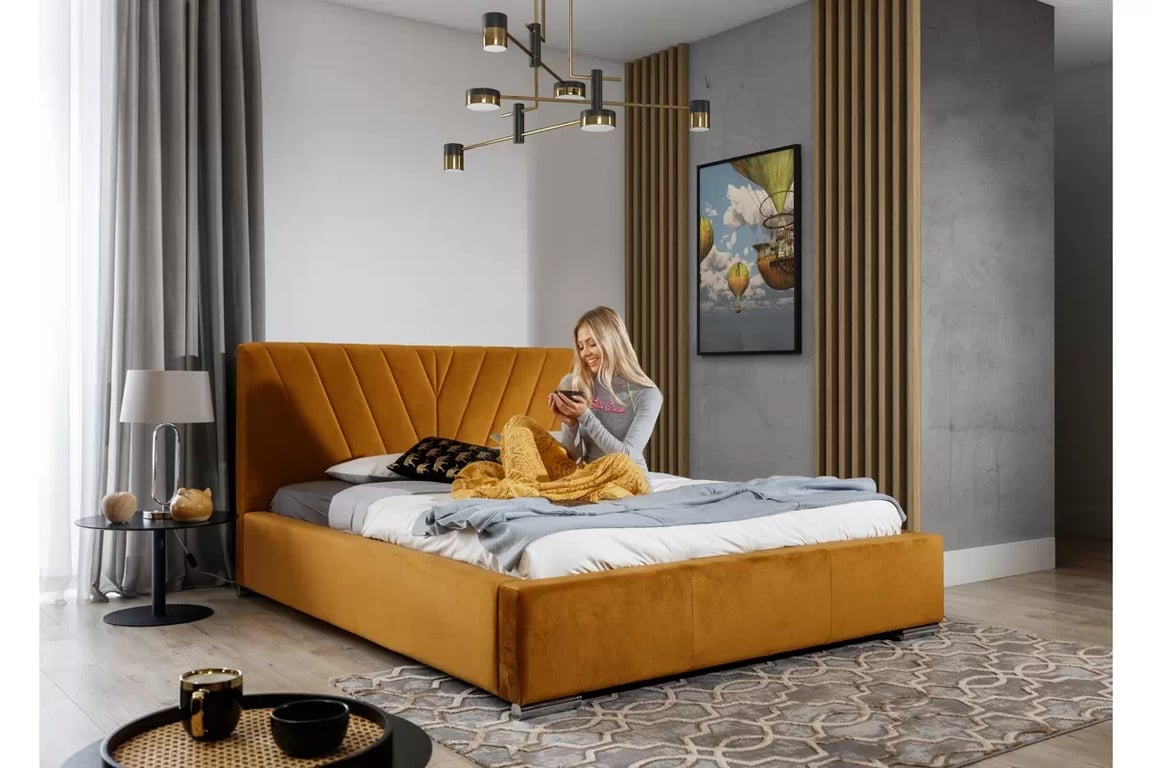 Postel pro ložnice Catalia 180x200 s úložným prostorem Catalia - hořčice samet hydrofobní  Monolith 48 Postel pro ložnice Catalia 180x200 s úložným prostorem Catalia - hořčice samet hydrofobní  Monolith 48