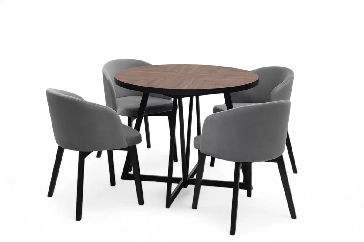 Rozkladací stôl Cedrus Rozeta 105/160 cm a 4 stoličky Nerevio - dub estana čierny / sivý Komplet Stôl rozkladany Cedrus Rozeta 105/160 cm + 4 Stoličky Nerevio - Dub estana Čierny / šedý