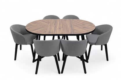 Jedálenský set Cedrus Rozeta 105/160 cm + 4 stoličky Nerevio - dub estana čierny / sivá Komplet Stôl rozkladany Cedrus Rozeta 105/160 cm + 4 Stoličky Nerevio - Dub estana Čierny / šedý
