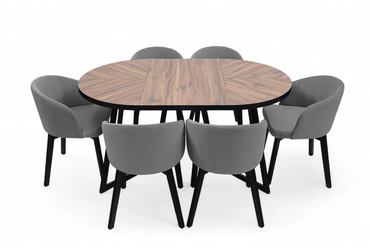 Rozkladací stôl Cedrus Rozeta 105/160 cm a 4 stoličky Nerevio - dub estana čierny / sivý Komplet Stôl rozkladany Cedrus Rozeta 105/160 cm + 4 Stoličky Nerevio - Dub estana Čierny / šedý