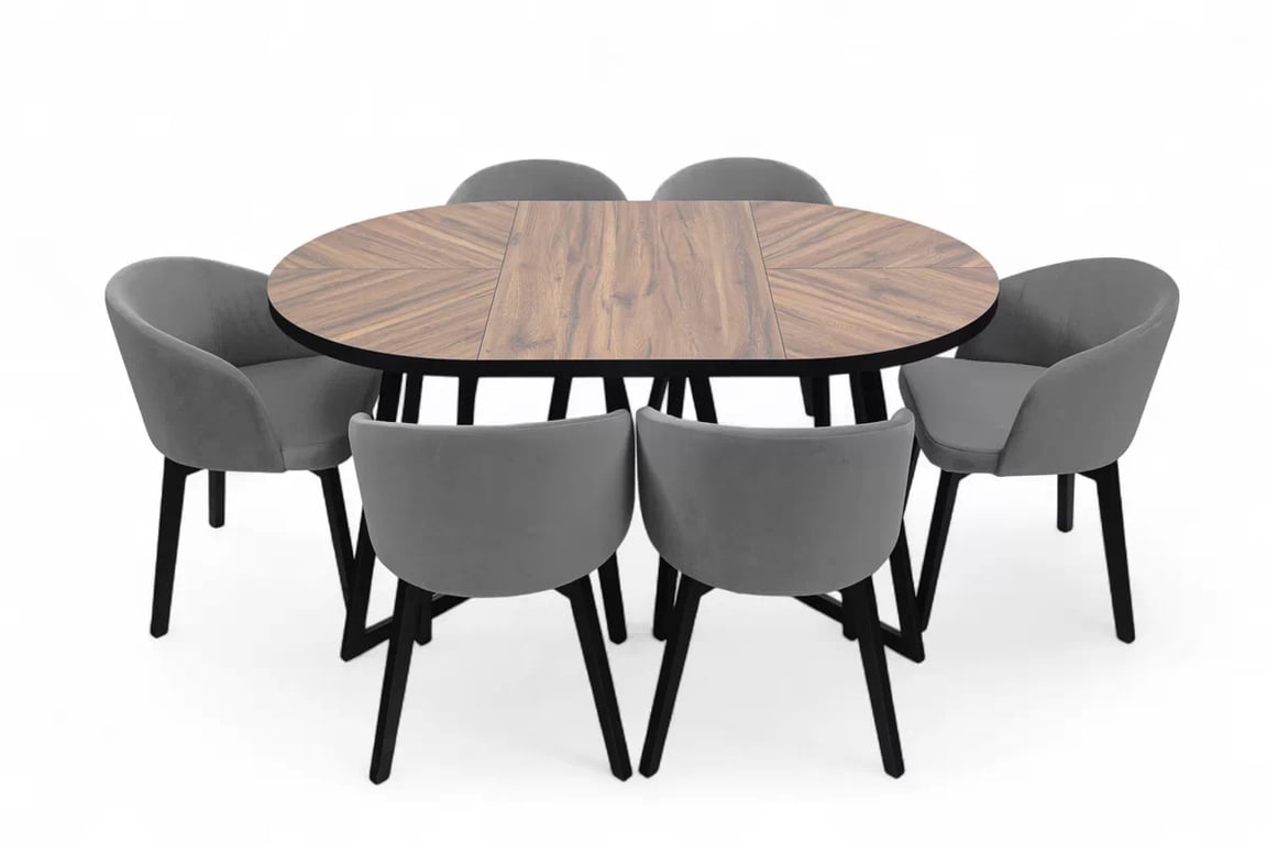 Jedálenský set Cedrus Rozeta 105/160 cm + 4 stoličky Nerevio - dub estana čierny / sivá Komplet Stôl rozkladany Cedrus Rozeta 105/160 cm + 4 Stoličky Nerevio - Dub estana Čierny / šedý