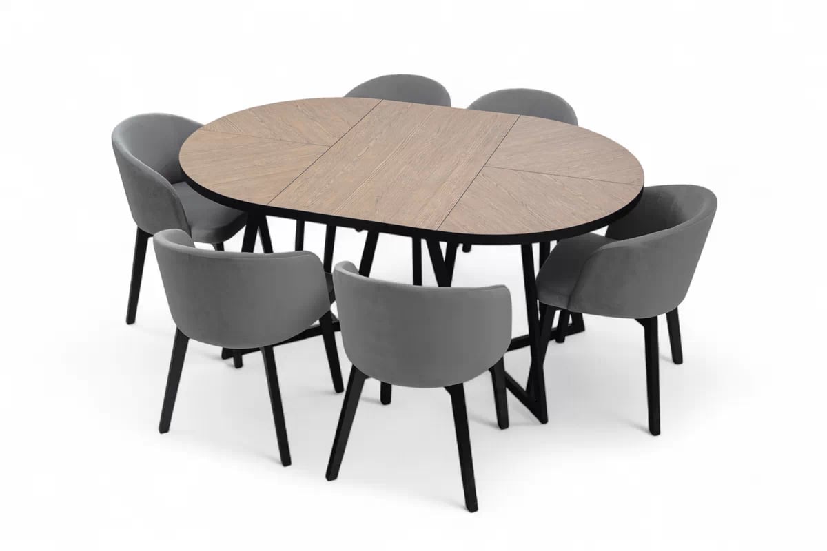 Rozkladací stôl Cedrus Rozeta 105/160 cm a 4 stoličky Nerevio - dub belmont čierny / sivý Komplet Stôl rozkladany Cedrus Rozeta 105/160 cm + 4 Stoličky Nerevio - Dub belmont Čierny / šedý