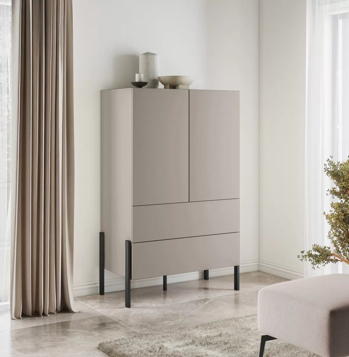 Vysoká komoda Jukon 90 cm - biely mat Komoda dvojdverová Jukon 90 cm bielizniarka - biely mat / kovové nožičky