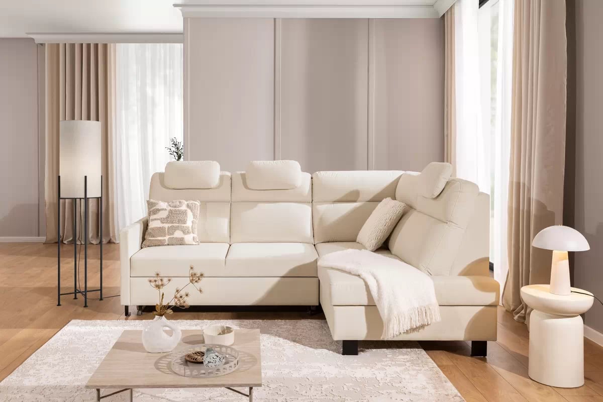 Rohová pohovka Loario L pravá s úzkými boky - krémová látka Sand 03 Rohová sedací souprava Loario L pravá z waskim bokiem - Sand 03