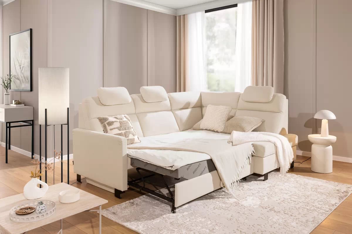 Rohová pohovka Loario L pravá s úzkými boky - krémová látka Sand 03 Rohová sedací souprava Loario L pravá z waskim bokiem - Sand 03