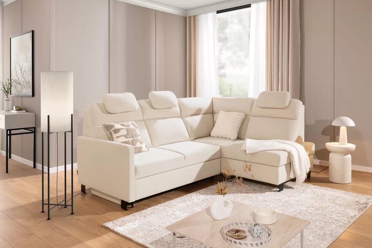 Rohová pohovka Loario L pravá s úzkými boky - krémová látka Sand 03 Rohová sedací souprava Loario L pravá z waskim bokiem - Sand 03