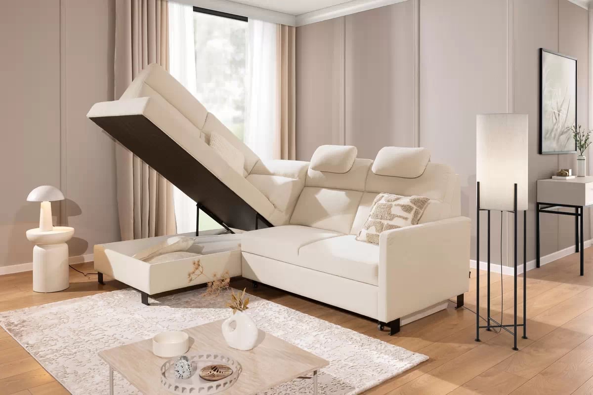 Rohová pohovka Loario L levá s úzkými boky - krémová látka Sand 03 Rohová sedací souprava Loario L levá z waskim bokiem - Sand 03