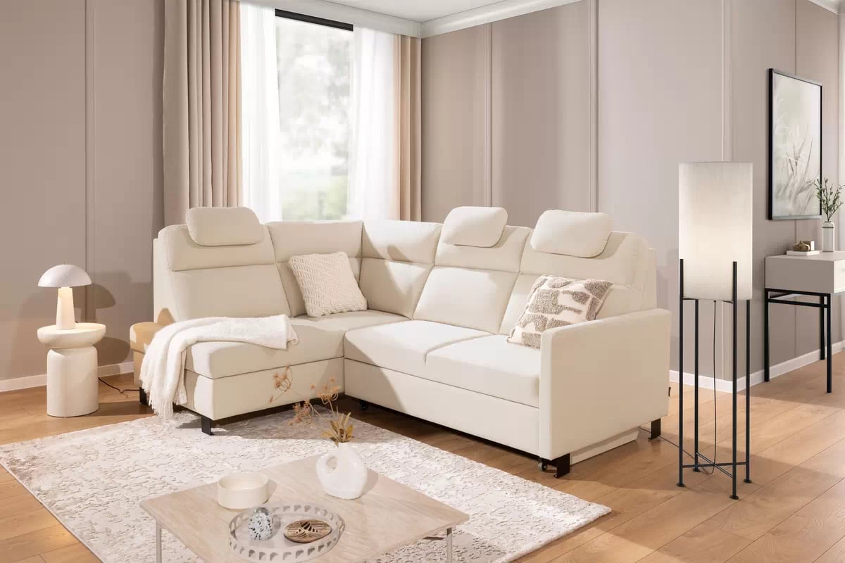 Rohová pohovka Loario L levá s úzkými boky - krémová látka Sand 03 Rohová sedací souprava Loario L levá z waskim bokiem - Sand 03