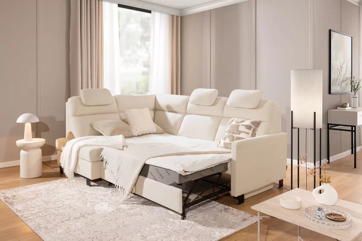 Rohová pohovka Loario L levá s úzkými boky - krémová látka Sand 03 Rohová sedací souprava Loario L levá z waskim bokiem - Sand 03