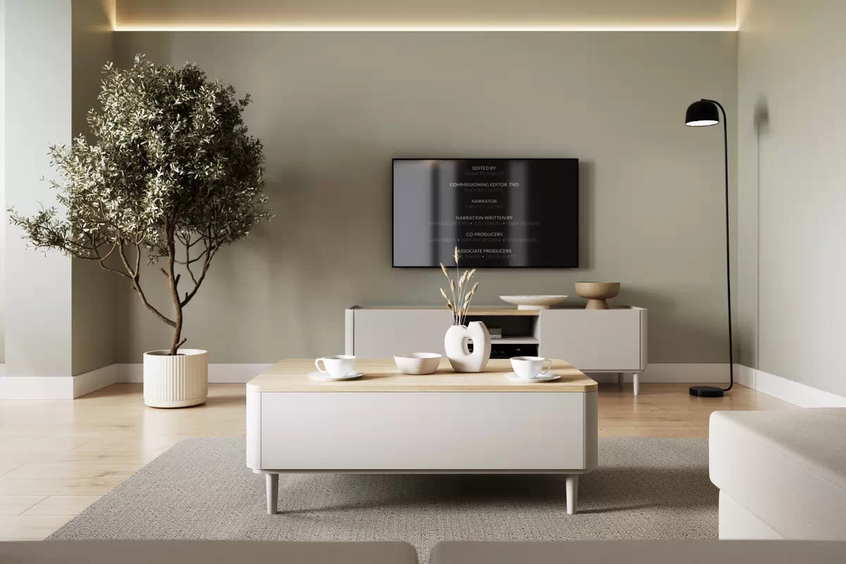 Konferenčný stolík Amilio 100 cm so zásuvkami - kašmírová / olejovaný dub Stolík kawowy Amilio 100 cm so zásuvkami na nôžkach - kašmír / Dub olejowany