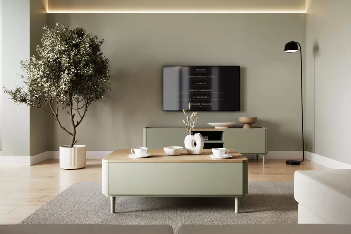 Konferenčný stolík Amilio 100 cm so zásuvkami - eukalyptus / dub baltic dune Stolík kawowy Amilio 100 cm so zásuvkami na nôžkach - eukaliptus / Dub baltic dune