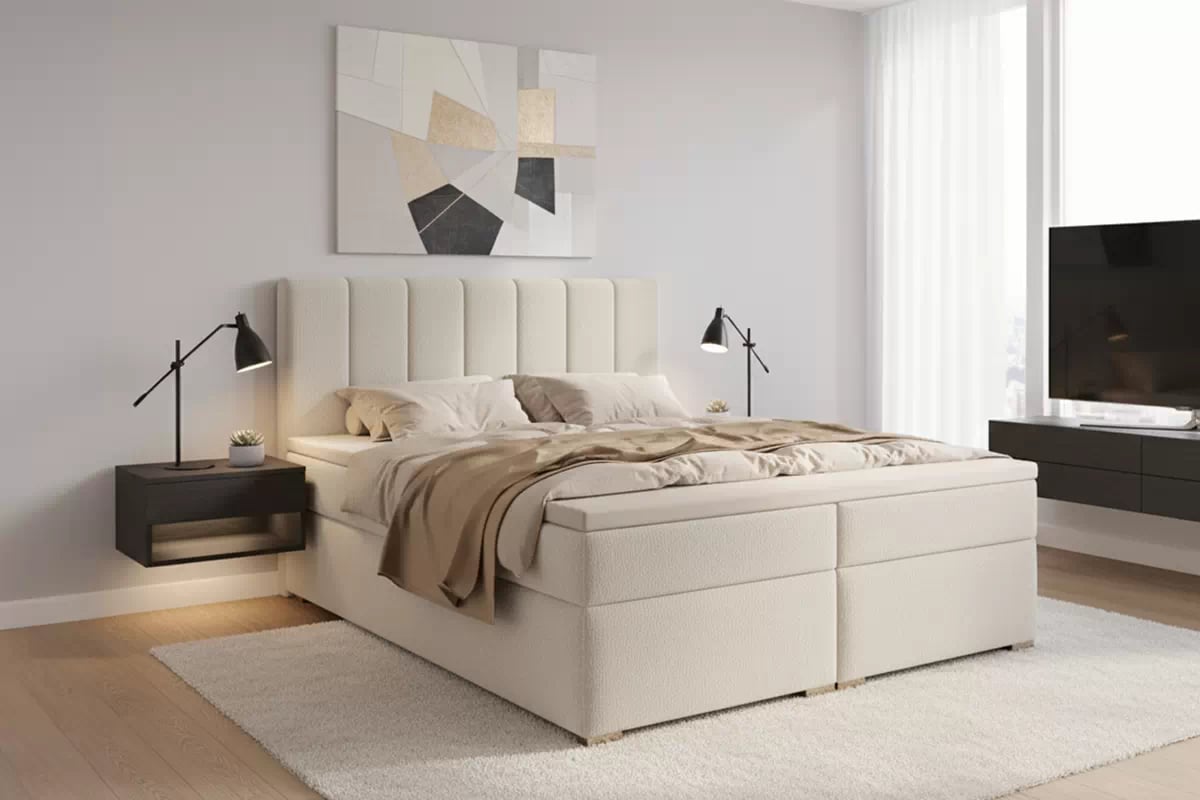 Kontinentální postel Mareli 180x200 s úložným prostorem - světle béžová bouclé Quelle 02 Postel boxspring Mareli 180x200 s úložním prostorem - světlý béžová bukla Quelle 02 