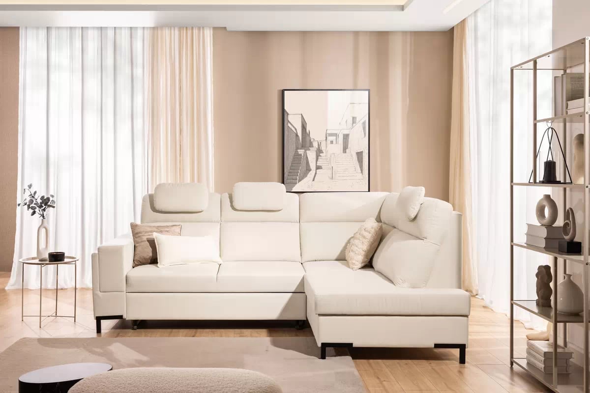 Rohová sedačka Loario L pravostranná se širokou, vybráním područkou - krémová tkanina Sand 03 Rohová sedací souprava Loario L pravá z szerokim, wcietym bokiem - kremowa Pletenina Sand 03