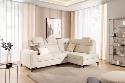 Rohová sedačka Loario L pravostranná so širokým, vyrezaným bokom - krémová látka Sand 03 Rohová sedacia súprava Loario L pravá strana z szerokim, wcietym bokiem - kremowa dzianina Sand 03