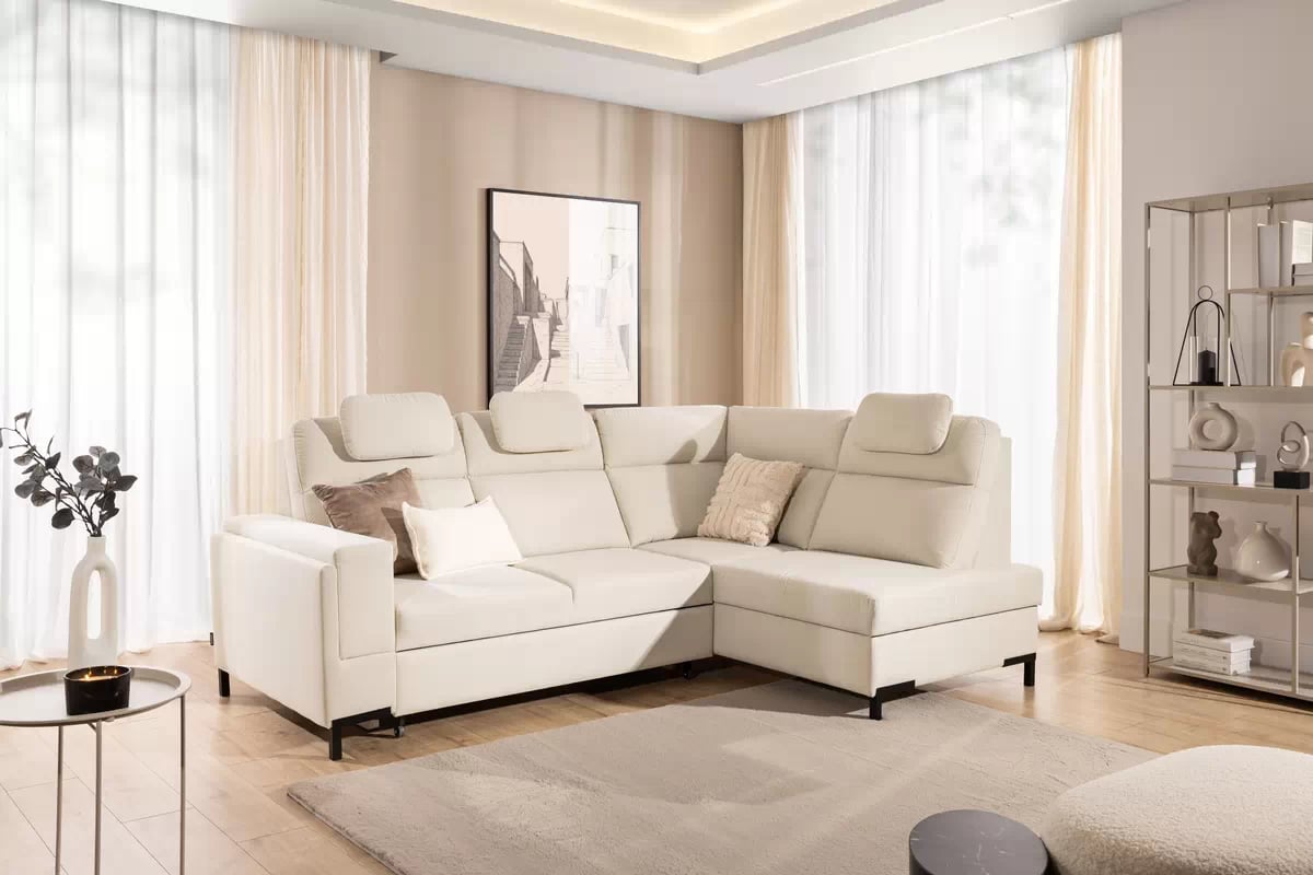 Rohová sedačka Loario L pravostranná se širokou, vybráním područkou - krémová tkanina Sand 03 Rohová sedací souprava Loario L pravá z szerokim, wcietym bokiem - kremowa Pletenina Sand 03