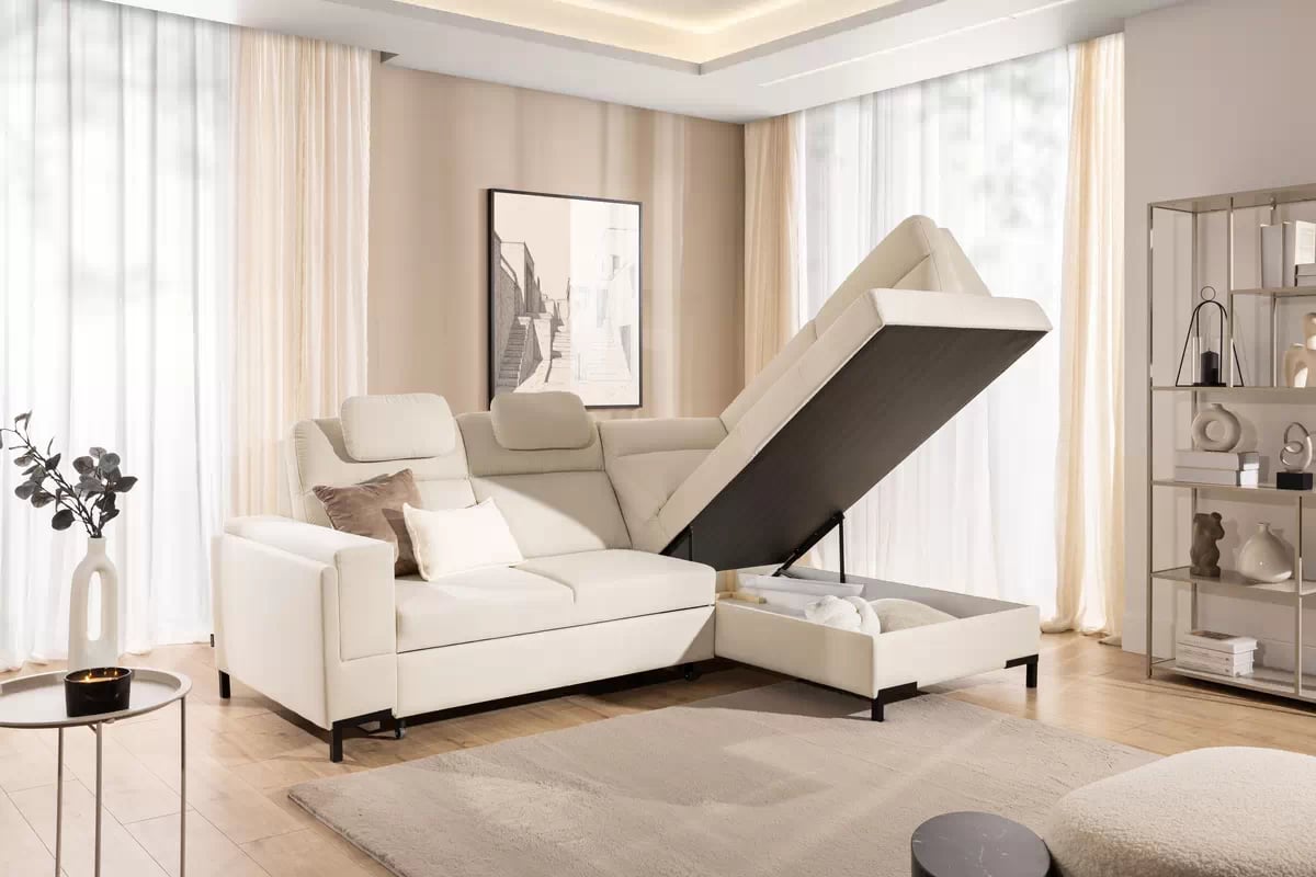 Rohová sedačka Loario L pravostranná se širokou, vybráním područkou - krémová tkanina Sand 03 Rohová sedací souprava Loario L pravá z szerokim, wcietym bokiem - kremowa Pletenina Sand 03