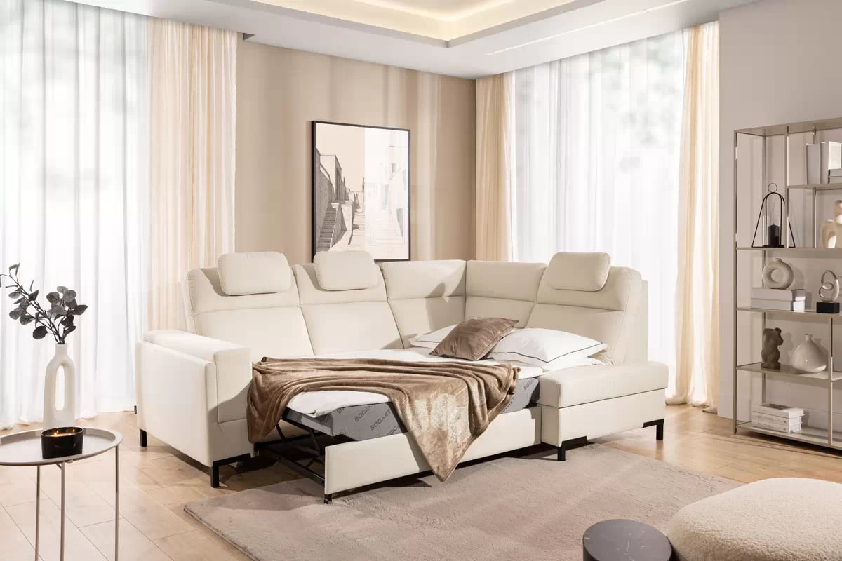 Rohová sedačka Loario L pravostranná se širokou, vybráním područkou - krémová tkanina Sand 03 Rohová sedací souprava Loario L pravá z szerokim, wcietym bokiem - kremowa Pletenina Sand 03