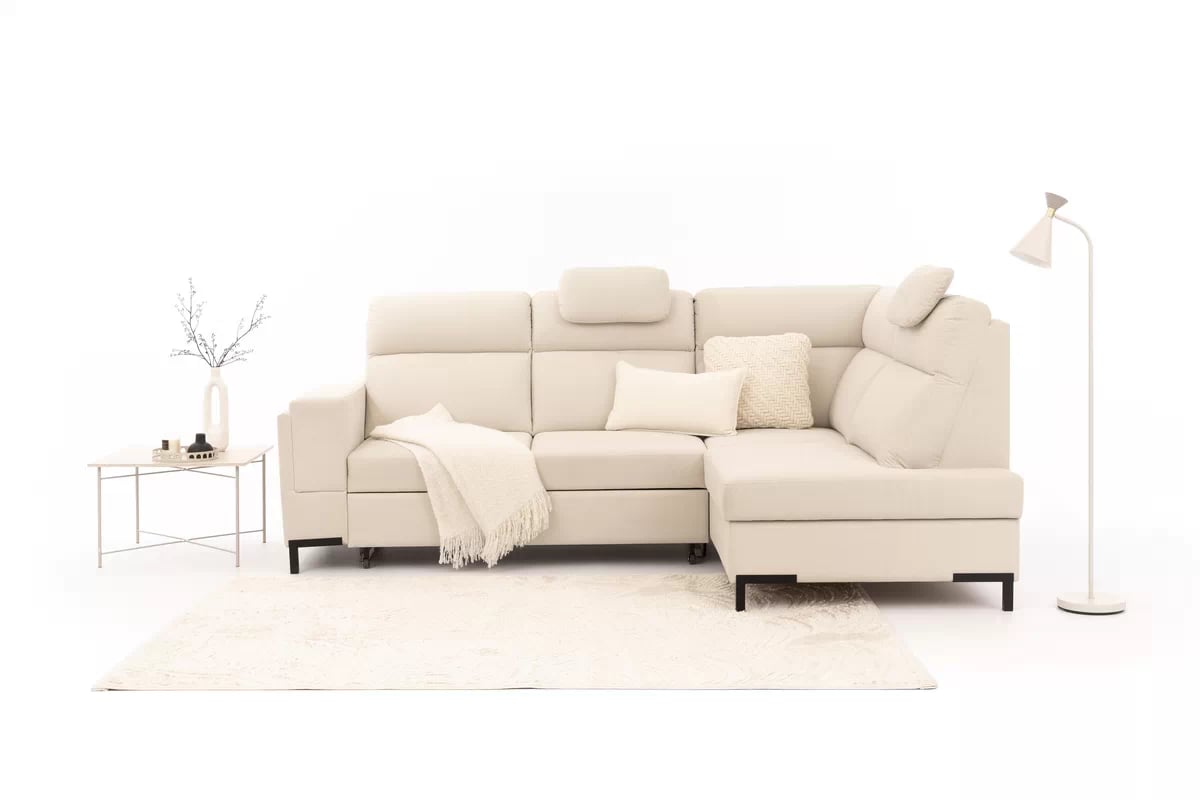 Rohová sedačka Loario L pravostranná se širokou, vybráním područkou - krémová tkanina Sand 03 Rohová sedací souprava Loario L pravá z szerokim, wcietym bokiem - kremowa Pletenina Sand 03