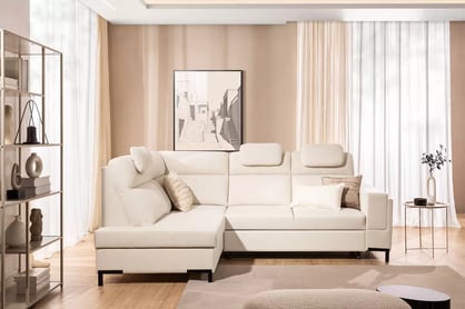 Rohová pohovka Loario L levostranná se širokým, vykrojeným bokem - krémová tkanina Sand 03 Rohová sedací souprava Loario L levá z szerokim, wcietym bokiem - Sand 03