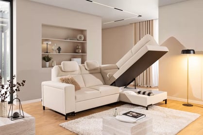 Rohová sedačka Loario L pravostranná se širokým bokem - krémová tkanina Sand 03 Rohová sedací souprava Loario L pravá z szerokim bokiem - Sand 03