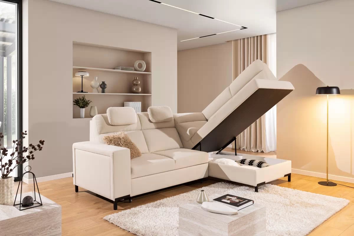 Rohová sedačka Loario L pravostranná se širokým bokem - krémová tkanina Sand 03 Rohová sedací souprava Loario L pravá z szerokim bokiem - Sand 03