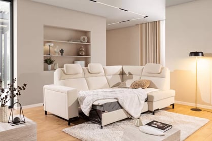 Rohová sedačka Loario L pravostranná se širokým bokem - krémová tkanina Sand 03 Rohová sedací souprava Loario L pravá z szerokim bokiem - Sand 03