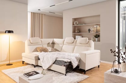 Rohová pohovka Loario L levostranná se širokým bokem - krémová látka Sand 03 Rohová sedací souprava Loario L levá z szerokim bokiem - Sand 03