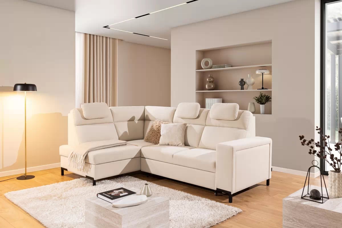 Rohová pohovka Loario L levostranná se širokým bokem - krémová látka Sand 03 Rohová sedací souprava Loario L levá z szerokim bokiem - Sand 03