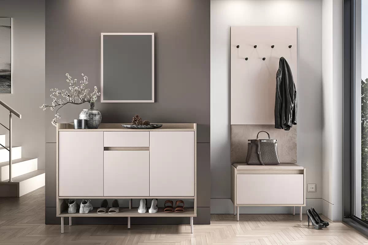 Predsieňová zostava Tivano III - kašmír / dub cremona 	Komplet nábytku do predsienie Tivano III - kašmír / Dub cremona