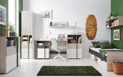 Študentská nábytková zostava Lumo II s posteľou 120x200 cm - dub wilton biely / biely lux / antracit Komplet nábytku mlodziezowych Lumo II z lozkiem 120x200 cm - Dub wilton biela / biela lux / Antracytová