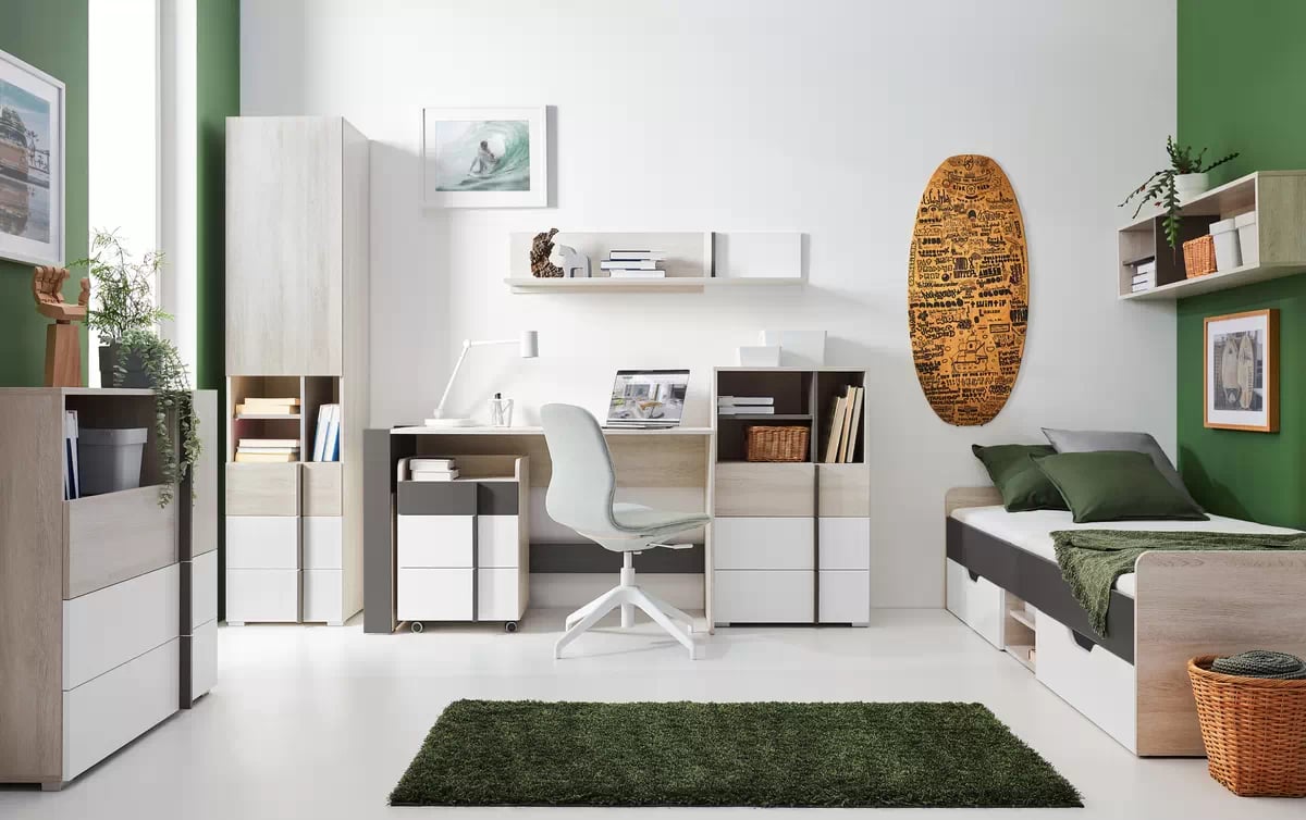 Študentská nábytková zostava Lumo II s posteľou 120x200 cm - dub wilton biely / biely lux / antracit Komplet nábytku mlodziezowych Lumo II z lozkiem 120x200 cm - Dub wilton biela / biela lux / Antracytová