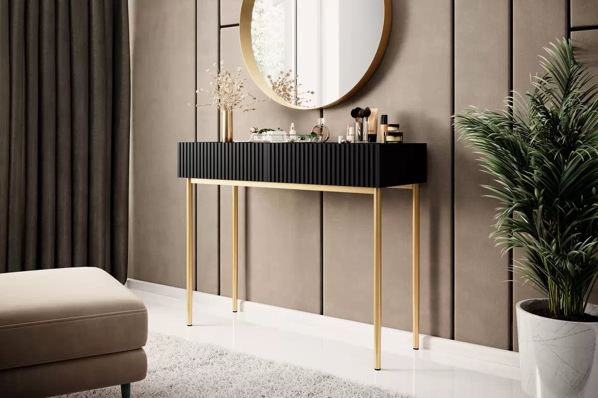 Konzolový stolek Nicole 100 cm se zásuvkami - černý mat / zlaté nohy konzole Nicole 100 cm se zásuvkami - černá mat / zlote nozki