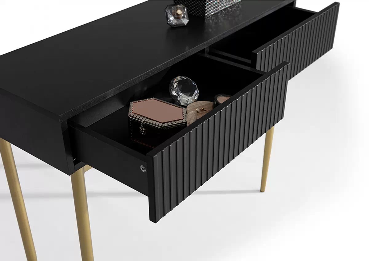 Konzolový stolek Nicole 100 cm se zásuvkami - černý mat / zlaté nohy konzole Nicole 100 cm se zásuvkami - černá mat / zlote nozki