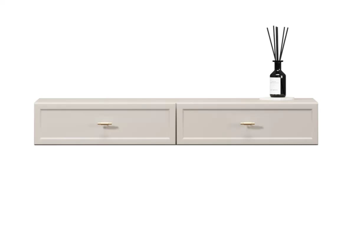 Závěsná konzole Lorini 100 cm se zásuvkami - kašmír / zlaté úchytky T-bar konzole závěsná Lorini 100 cm se zásuvkami - kašmír / zlote Úchytky T-bar