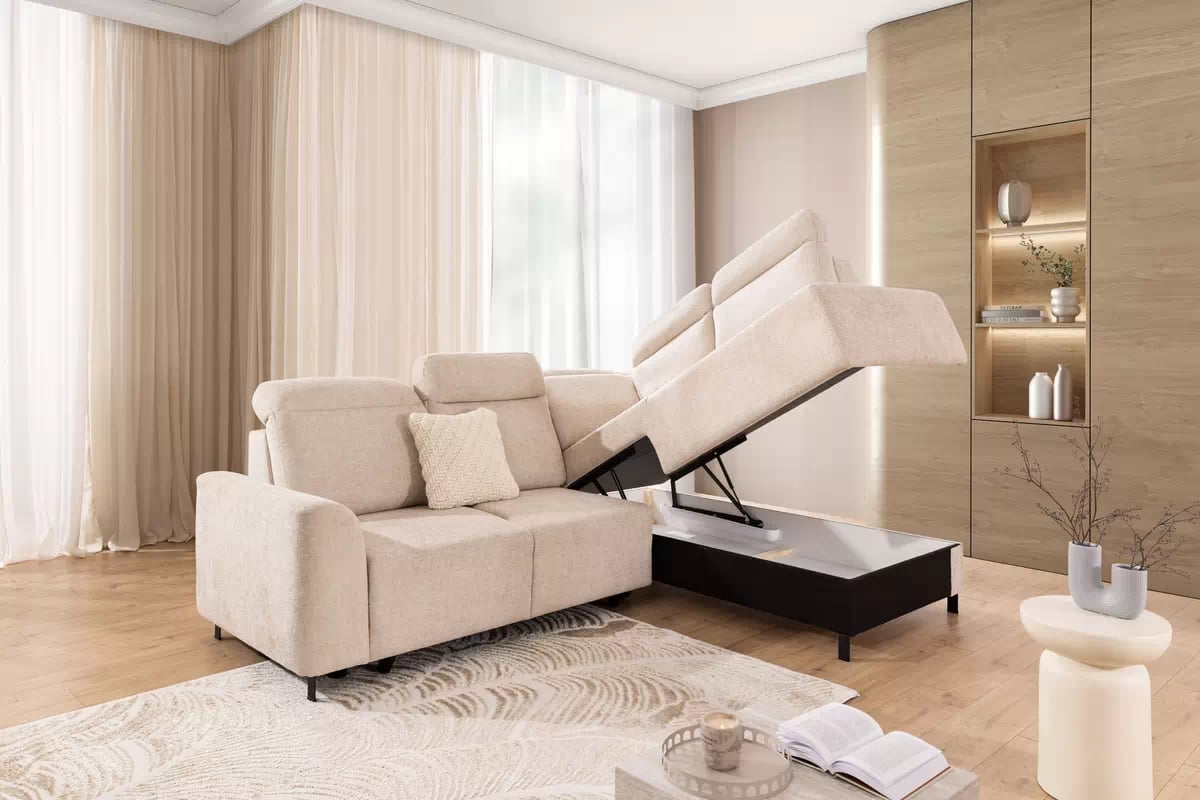 Rohová pohovka Magnis L s rozkladem pravostranná - béžová tkanina Magni 206.03  Rohová sedací souprava Magnis L rozkládací pravá - béžová plecionka Magni 206.03 - Omezená nabídka z expozice  