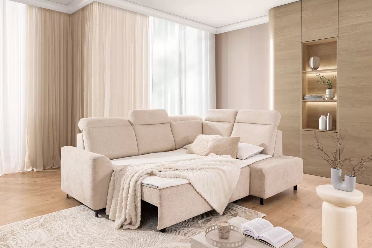 Rohová pohovka Magnis L s rozkladem pravostranná - béžová tkanina Magni 206.03  Rohová sedací souprava Magnis L rozkládací pravá - béžová plecionka Magni 206.03 - Omezená nabídka z expozice  