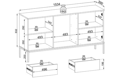 Dvojdverová komoda Bogalo 154 cm so zásuvkami a LED osvetlením - čierna / dub wotan Komoda so zásuvkami i oswietleniem LED Bogalo - Čierny / Dub wotan
