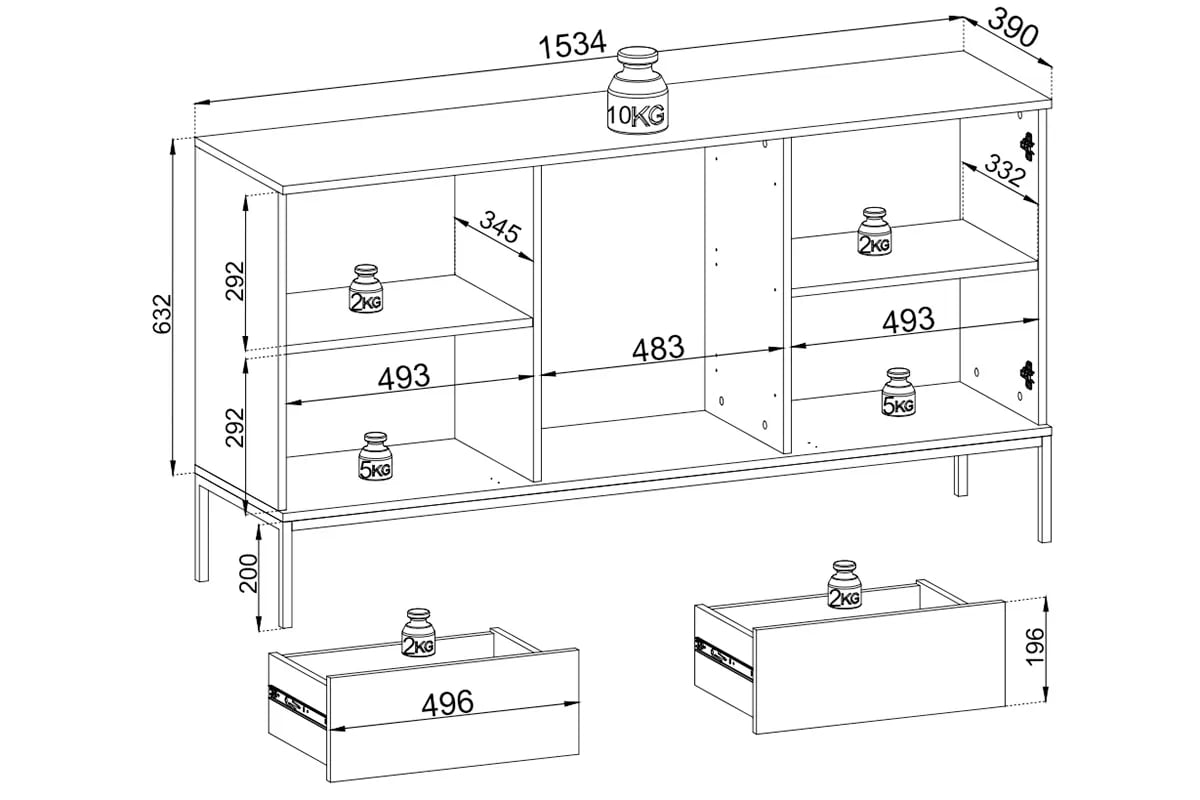 Dvojdverová komoda Bogalo 154 cm so zásuvkami a LED osvetlením - čierna / dub wotan Komoda so zásuvkami i oswietleniem LED Bogalo - Čierny / Dub wotan