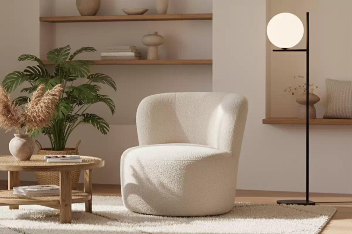 Relaxační otočné křeslo Hygga - béžová bouclé Catch Me 02 Křeslo čalouněná Hygga obrotowy - béžová boucle Catch Me 02