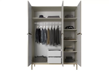 Skriňa Nicole 150 cm s policami a zásuvkami - kasmír / zlaté nožičky Skriňa Nicole 150 cm z policami i zásuvkami - kašmír / zlote nozki - Limitovaná ponuka expozície